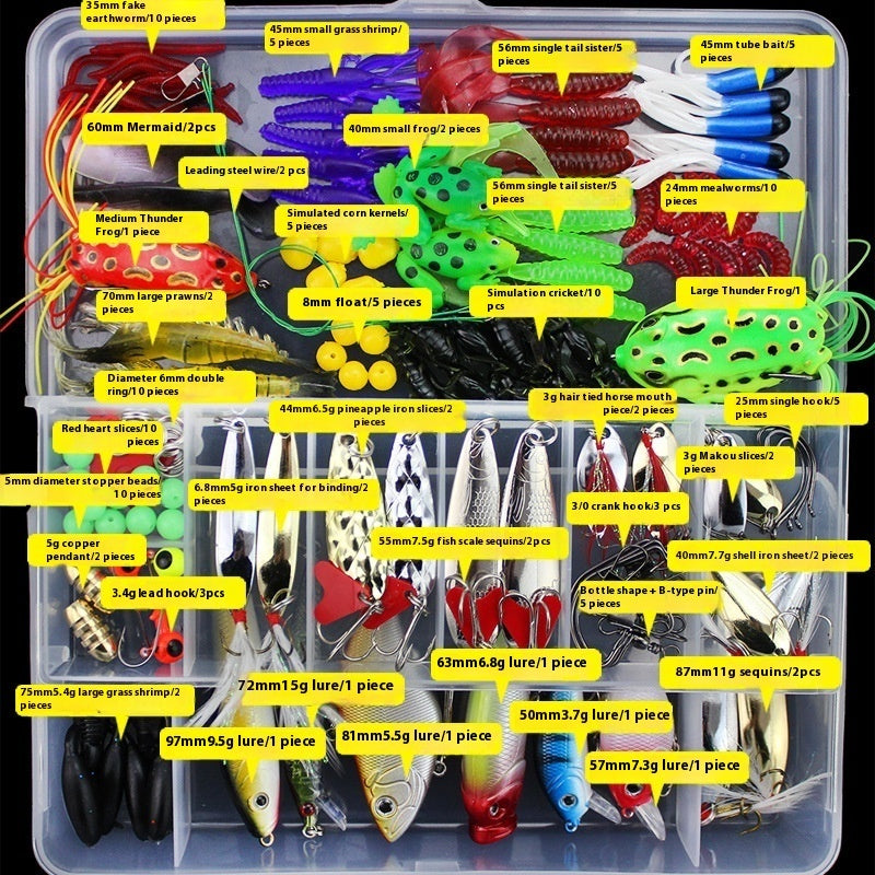 Assorted fishing lures in a clear container with labels