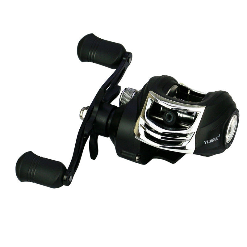Fishing reel with black and silver design on a white background