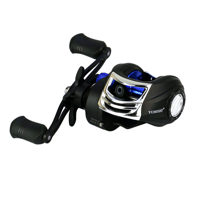 Black fishing reel with blue accents on a white background