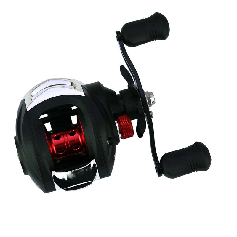 Fishing reel with black and red design on a white background