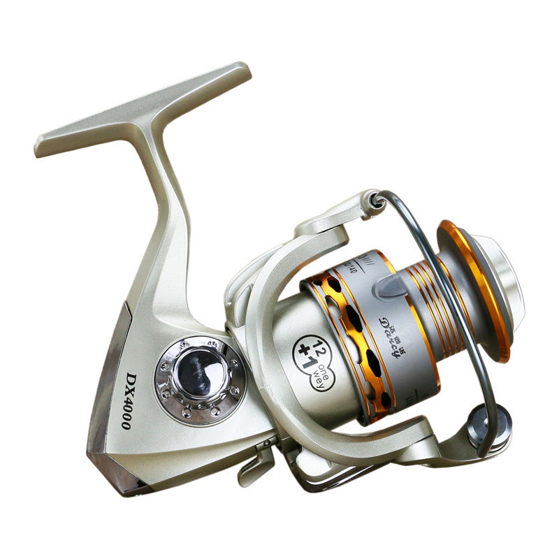 Fishing reel with metallic finish on a white background
