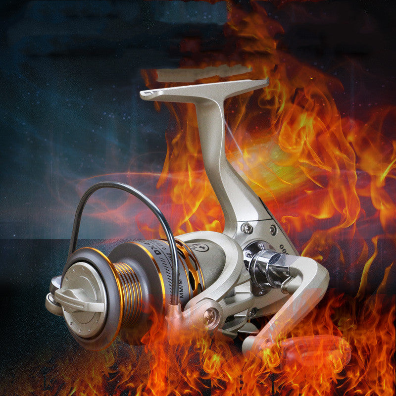 Fishing reel with flames in the background