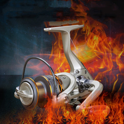 Fishing reel with flames in the background