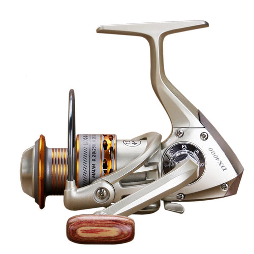 Fishing reel with wooden handle on a white background