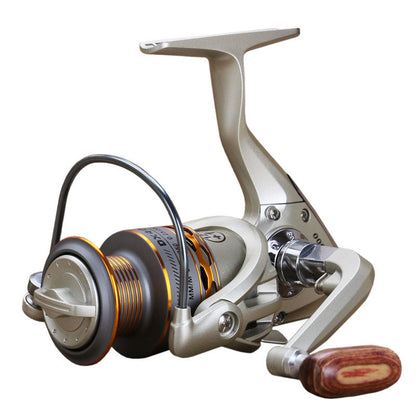 Fishing reel with metallic and wooden design on a white background