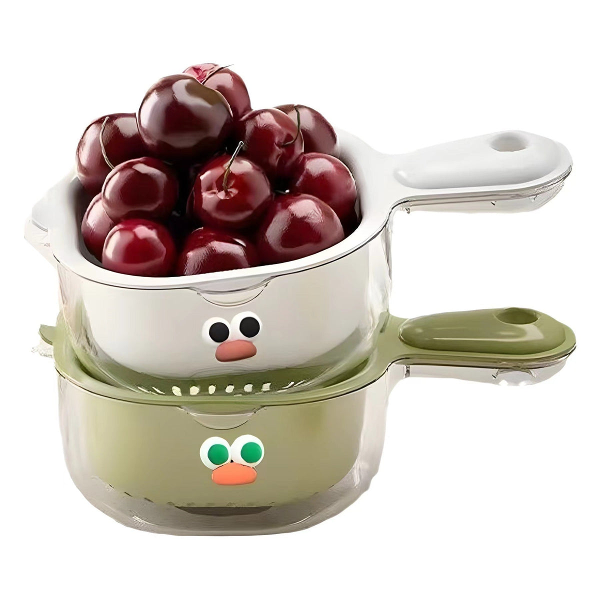 Kitchen strainer with cherries on a white background