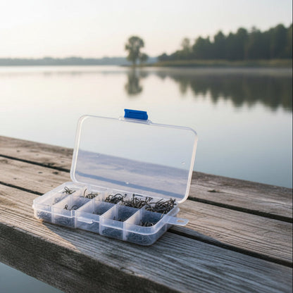 Box of fishing hooks with a clear lid showing 600 pieces and 108 grams.
