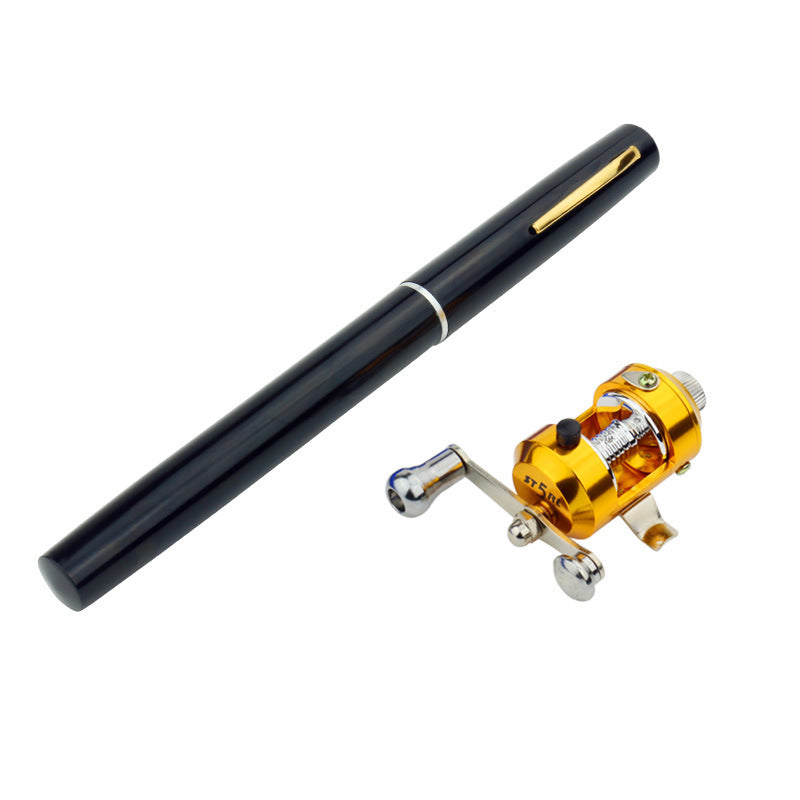 Black pen with a gold and silver fishing reel attachment on a white background