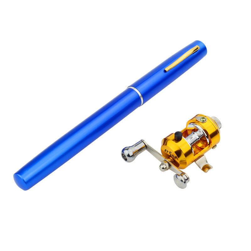 Blue pen and yellow fishing reel on a white background