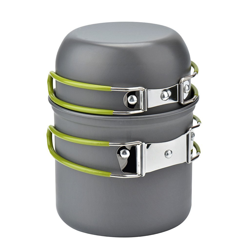 Gray camping cookware set with green handles on a white background