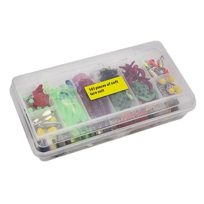 Clear tackle box with colorful fishing lures on a white background
