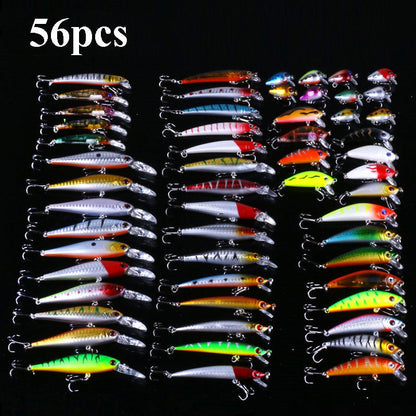 56PCS fishing set with realistic lures and fake baits