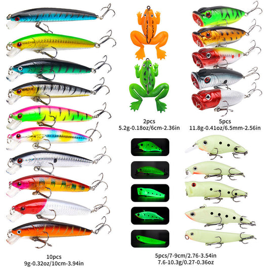 Assorted fishing lures with measurements on a white background