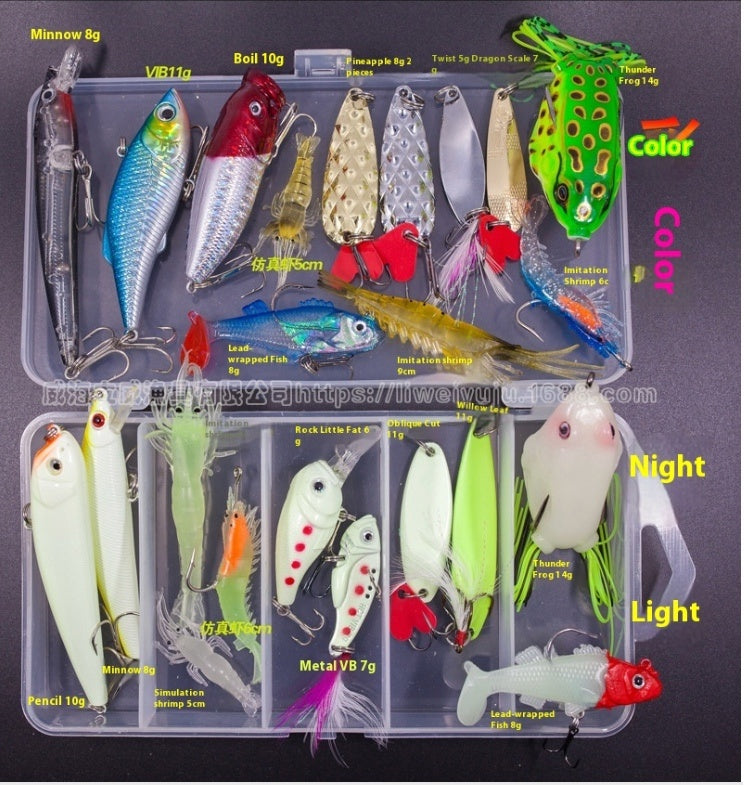 Assorted fishing lures in a clear organizer with labels on a dark background