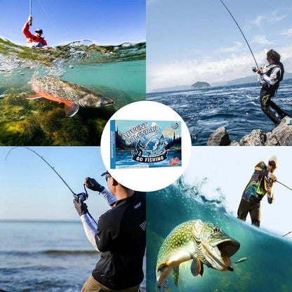 A collage of four outdoor fishing scenes around a central product box for 'Angler's Whistle 3D Fishing'. The scenes show a fish jumping in clear water, a fisherman casting on open ocean, another fisherman from behind, and a close-up of a large fish biting a lure.