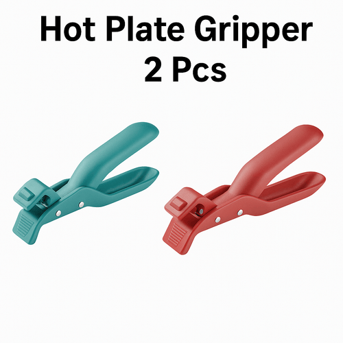 Two hot plate grippers, one green and one red, on a white background with text indicating quantity.