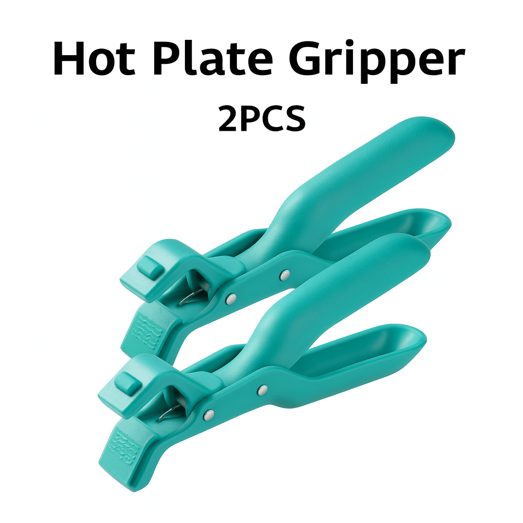 Turquoise hot plate gripper with text 'Hot Plate Gripper 2PCS' on a white background