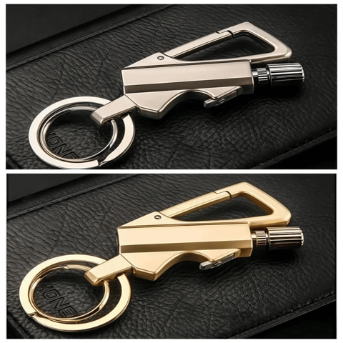 FireMate™ Metal keychain with carabiner and tool on a black leather surface
