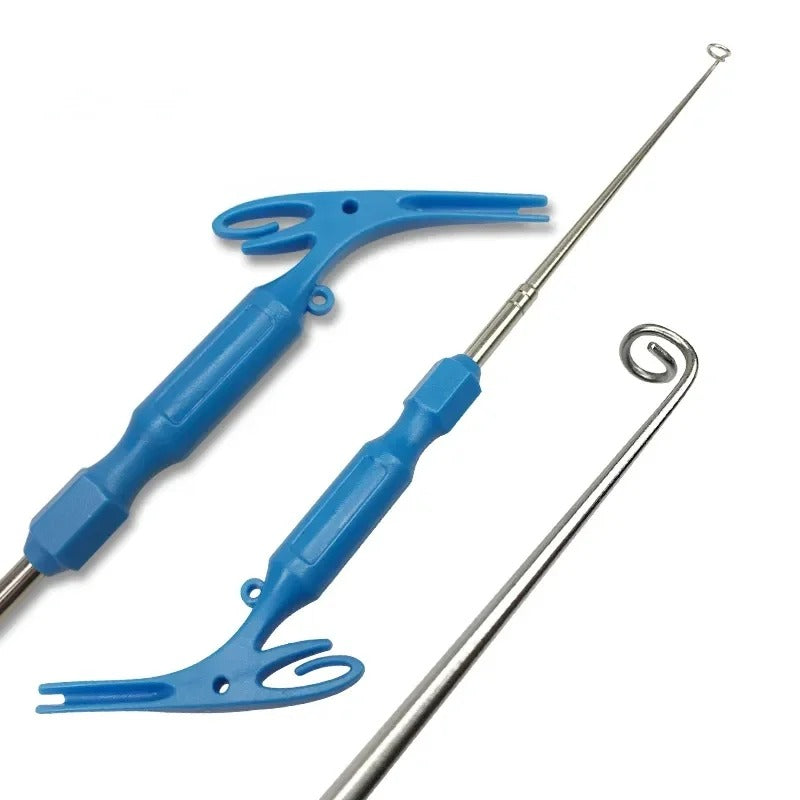 Hook remover in action, demonstrating its efficiency with deeply swallowed hooks.