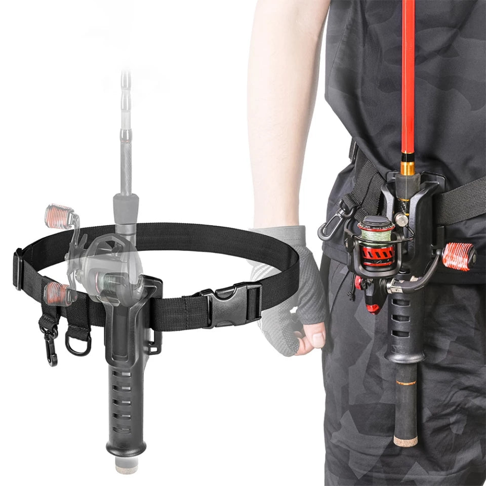 Fishing rod belt holder for fishing enthusiasts, keeps your rod in place and easily accessible.