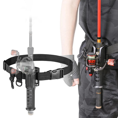 Fishing rod belt holder for fishing enthusiasts, keeps your rod in place and easily accessible.