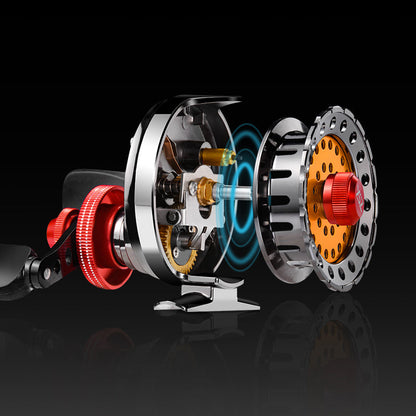 Modern fishing reel design with ergonomic features and venting system.