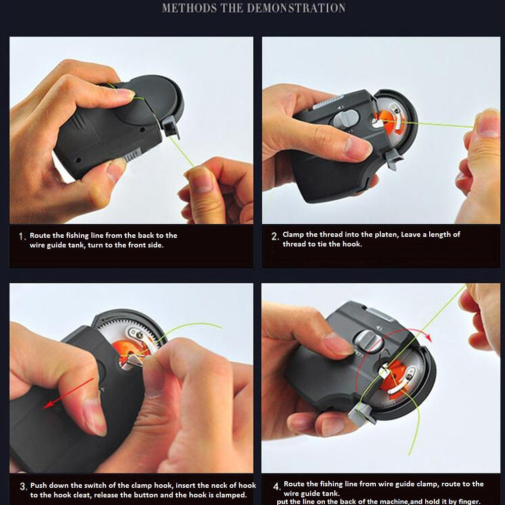 "Fishing Hook Line Tying Tool - Automatic device for fast and secure hook setups on fishing lines.