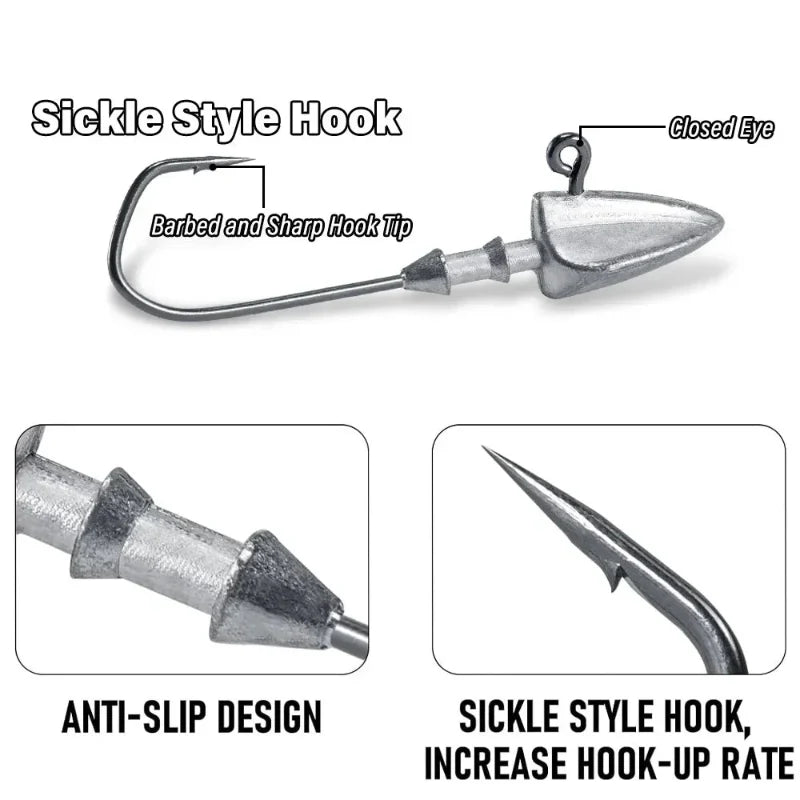 Fishing hook with labeled features on a white background
