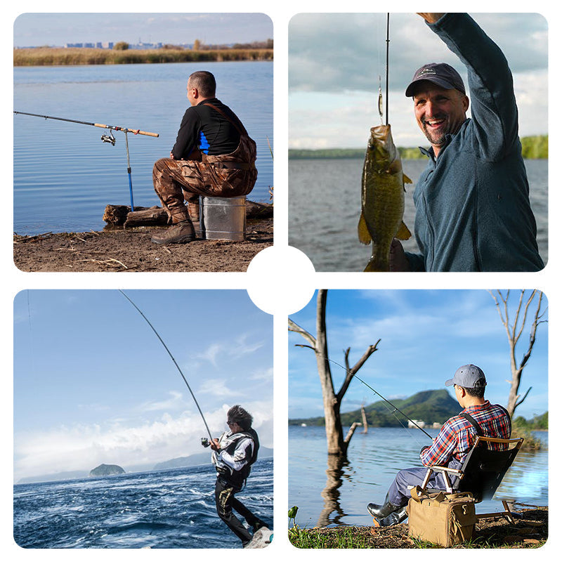 Collage of four images showing people fishing by a lake.