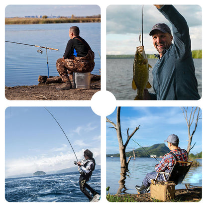 Collage of four images showing people fishing by a lake.