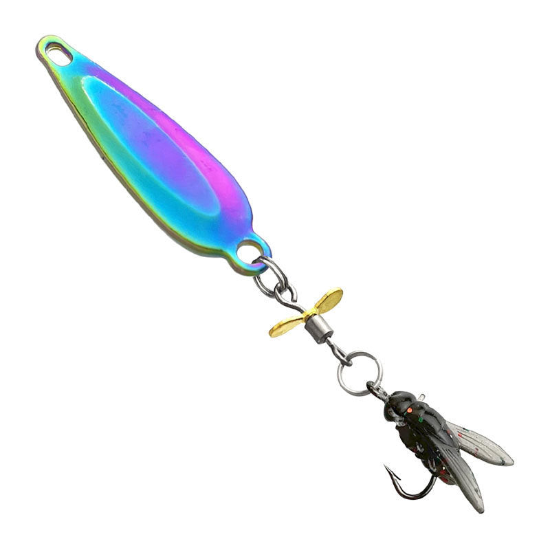 Multicolored spoon fishing lure with a propeller and treble hook on a white background