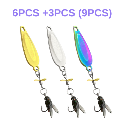 Three colorful fishing lures with attached hooks on a white background, labeled as 6PCS + 3PCS (9PCS).