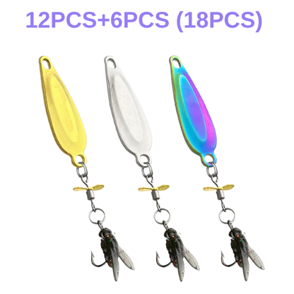 Three colorful fishing lures with attached flies on a white background, labeled as 18 pieces.