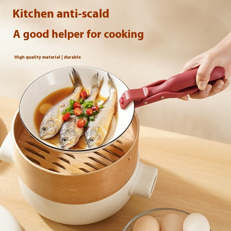 Person using a kitchen tool to handle food in a pot with text about anti-scald properties.
