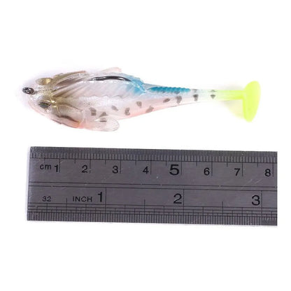 Fishing lure with a ruler for scale on a white background