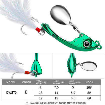 Green fishing lure with detailed specifications on a white background