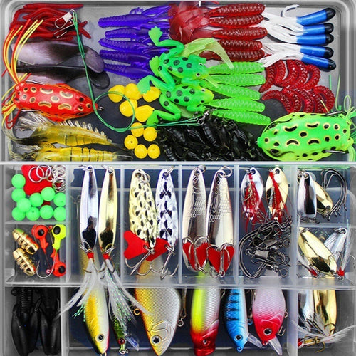 Assorted fishing lures and hooks in a clear organizer box.