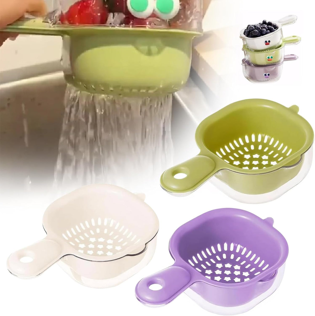 Set of kitchen strainers in green, purple, and white with a person using one to drain rice.