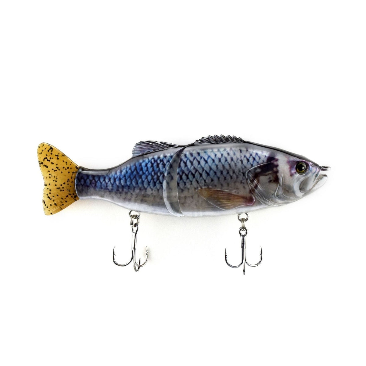 Fishing lure shaped like a fish with a yellow tail on a white background