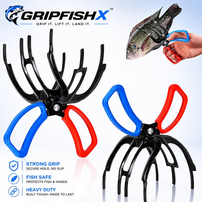 GripfishX fishing tools with black, blue, and red handles on a light gray background.