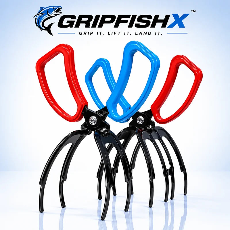 Three claw-like tools in red, blue, and black with Gripfish logo on a light blue background