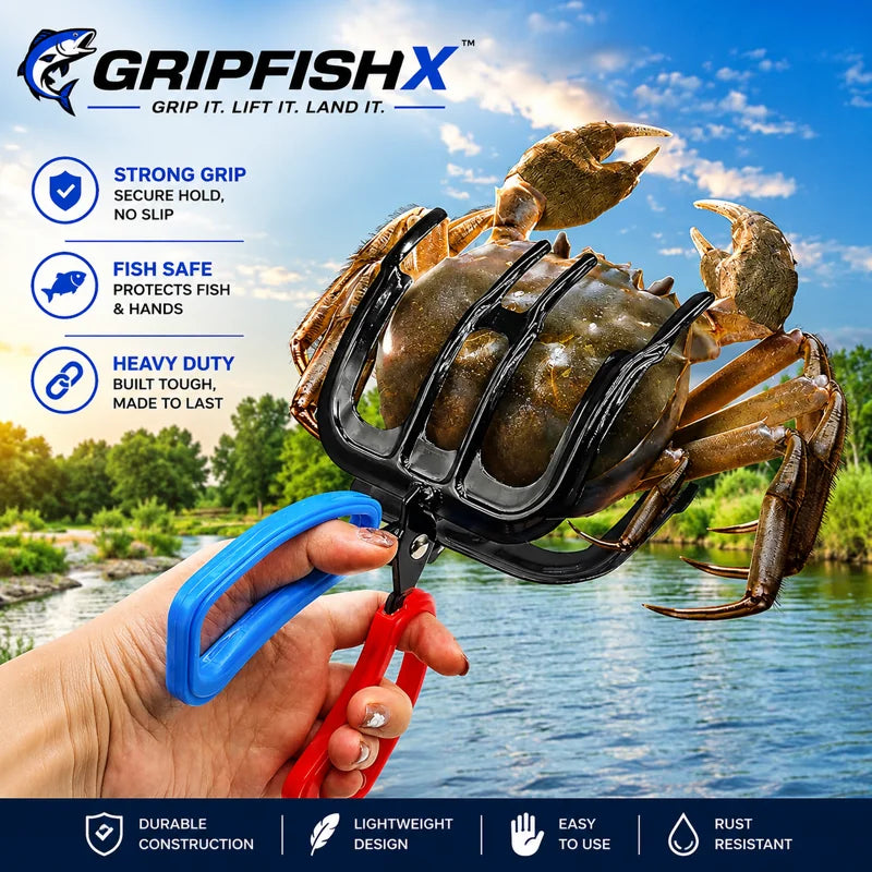 GripfishX crab gripper held by a hand with a scenic background