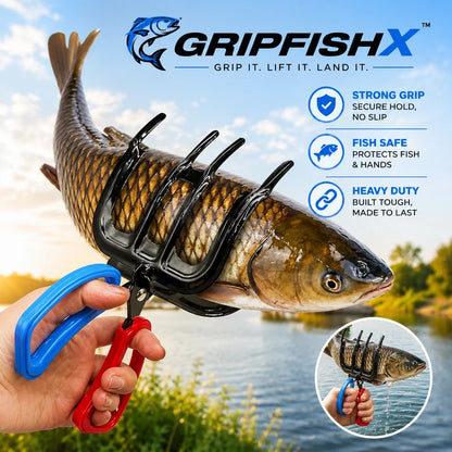 GripFishX fishing tool holding a fish with scenic background