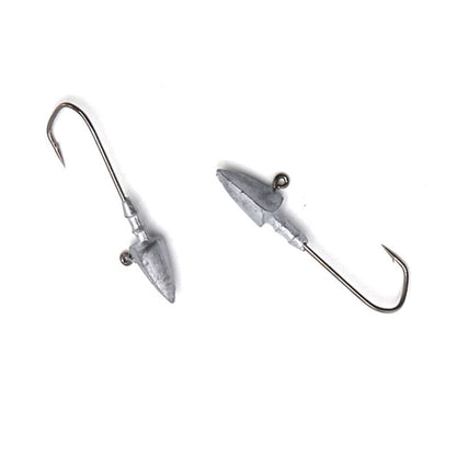 Two fishing lures with hooks on a white background