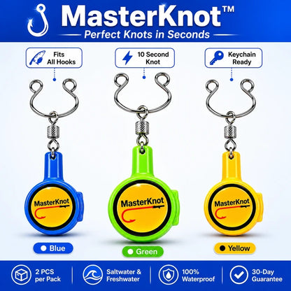 MasterKnot knotting tool keychains in blue, green, and yellow on a white background.