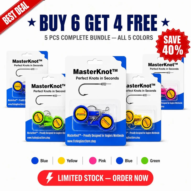 MasterKnot fishing knotting tools packaging with promotional text on a white background