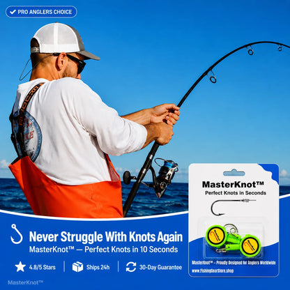Man fishing with a blue sky background and MasterKnot product packaging.