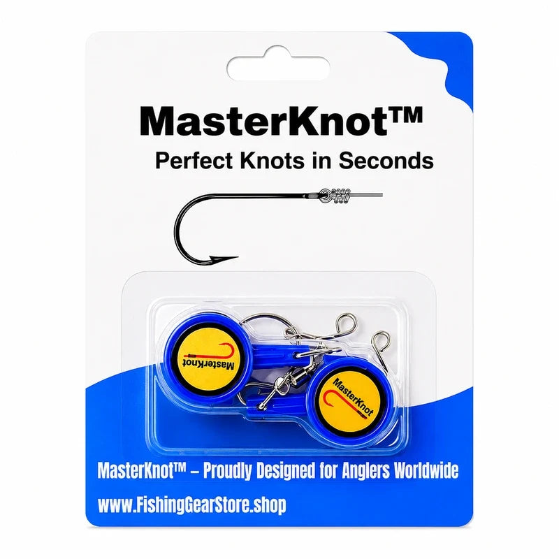 MasterKnot fishing knotting tool packaging with blue and yellow design.