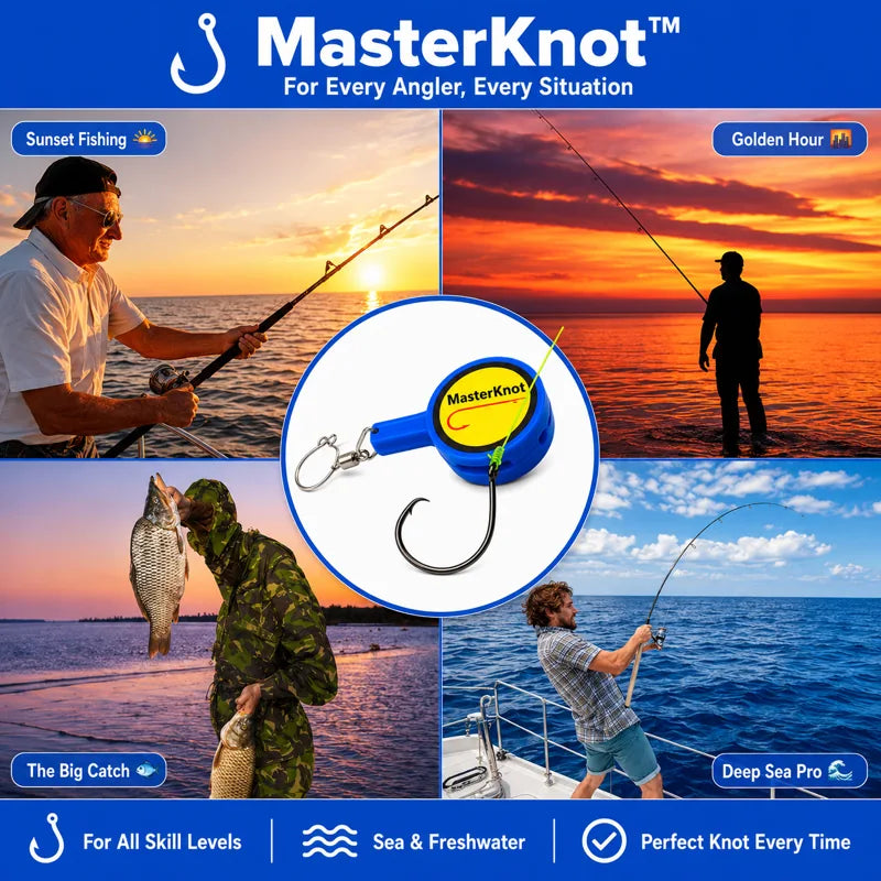 Collage of fishing scenes with a MasterKnot fishing reel inset, featuring sunset and ocean themes.