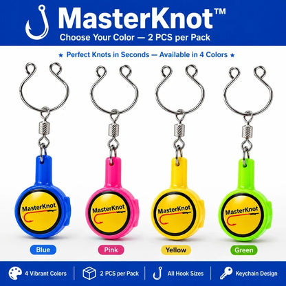 MasterKnot keychain product with blue, pink, yellow, and green options on a white background.